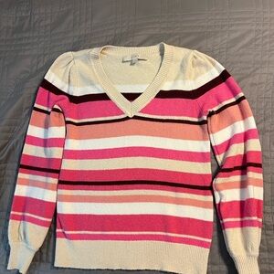 LOFT Pink and Cream Striped V-Neck Sweater